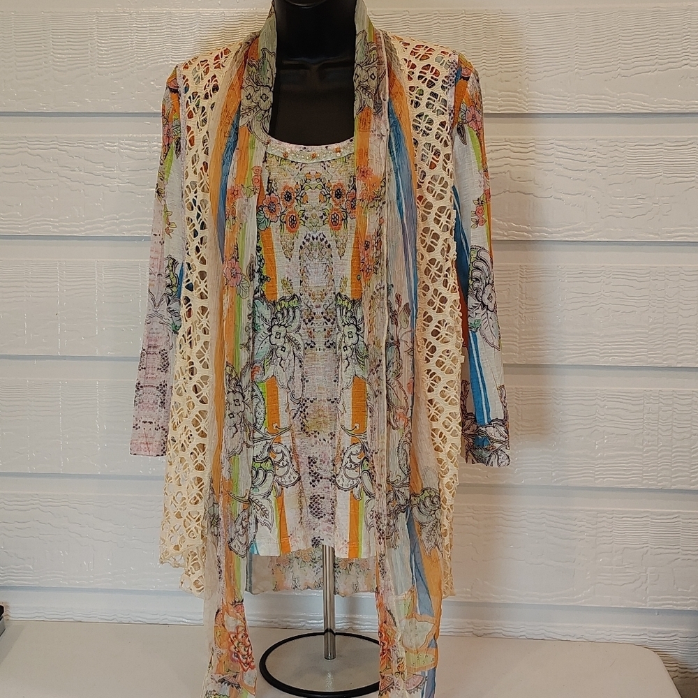 Alberto Makali Vintage Retro Style Printed Top Attached Crochet Vest MEDIUM